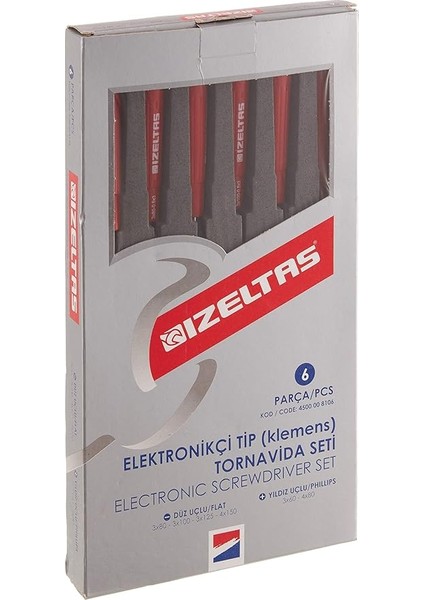 4500008106 Elektronikçi Tip Klemens Tornavidalar, 6'lı, Krom Vanadyum Çelik, Kırmızı fiyatları