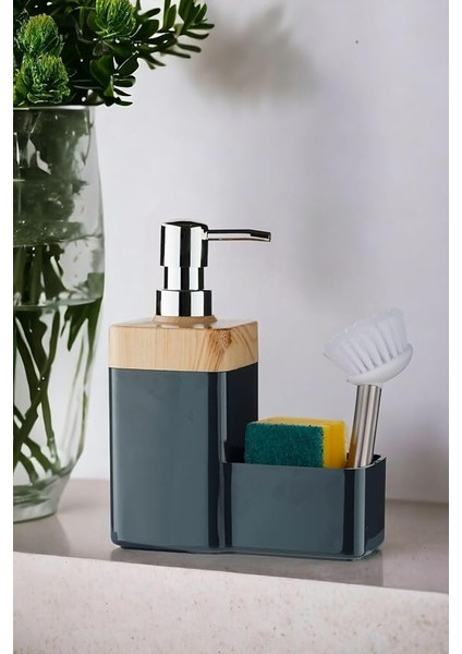 Bambu Desen Kapaklı Hazneli Sıvı Sabunluk Tezgah Üstü Mutfak Banyo Deterjanlık Fırça Sünger Dahil Değildir (Gri) modelleri