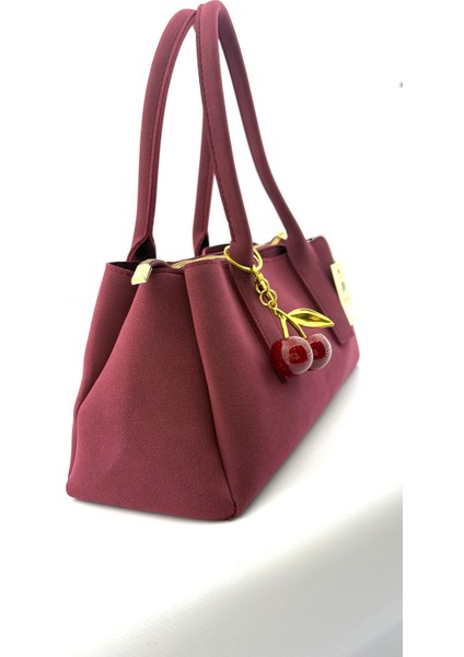 Kadın Kiraz Charm Detaylı Süet El ve Omuz Çantası