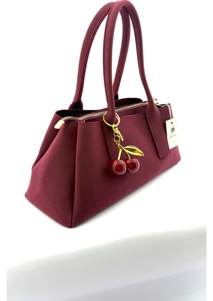 Kadın Kiraz Charm Detaylı Süet El ve Omuz Çantası