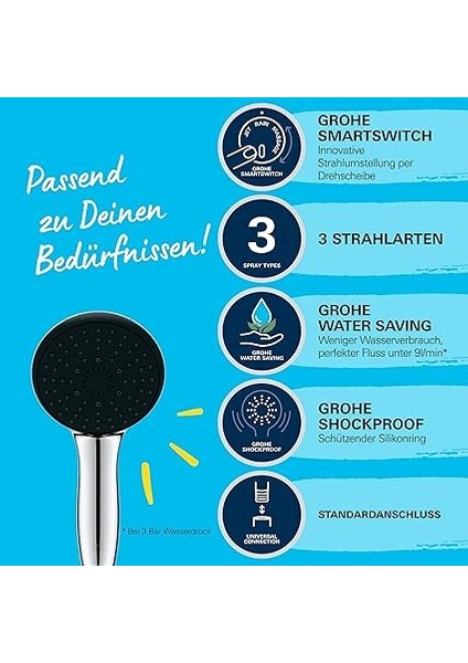 Vitalio Start 110 El Duşu, 3 Akışlı (Masaj, Yağmur & Jet), Smartswitch, 110MM Yuvarlak Duş Başlığı, Silikon Halka, Kireç Önleyici Sistem, Krom, 26031001 fırsatları