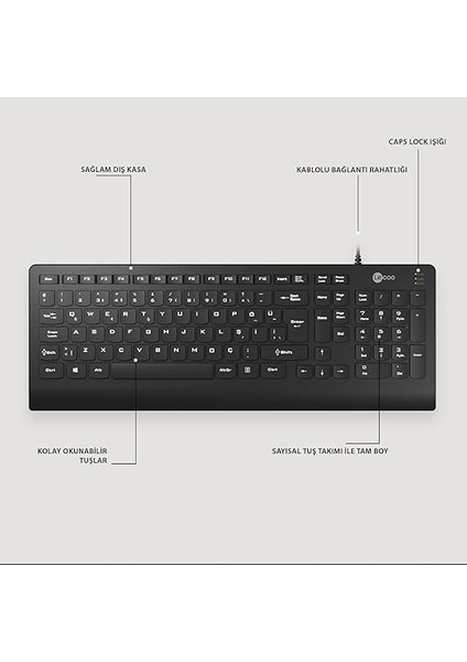 KB103 USB Kablolu Türkçe Q Klavye - Qwerty Türkçe Tuş Dizilimi, Sayısal Tuş Takımına Sahip, Sıvı Dökülmelerine Dayanıklı, Bilek Dinlendirme, Win, Mac, Linux ile Uyumlu Klavye Siyah modelleri