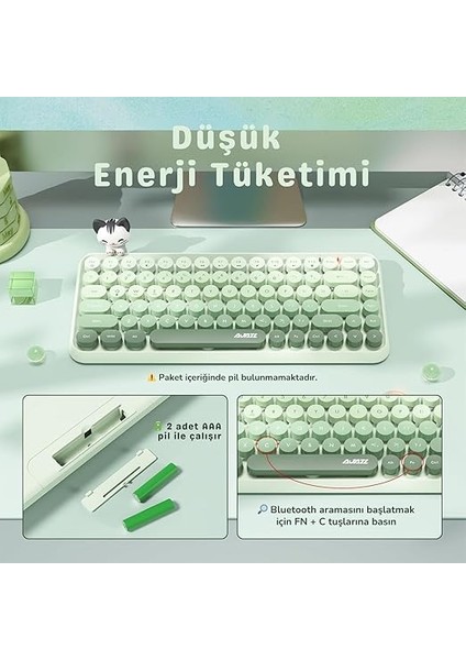 Kablosuz Bluetooth Retro Sessiz Klavye – Yuvarlak Tuşlu, Kedi Süs Aksesuarı, 84 Tuşlu, Taşınabilir, Akıllı Uyku Modu, Ergonomik Tasarım, Tablet Telefon Uyumlu, Ajazz AJ308I Yeşil fiyatları