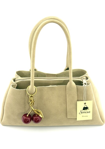 Kadın Kiraz Charm Detaylı Süet El ve Omuz Çantası