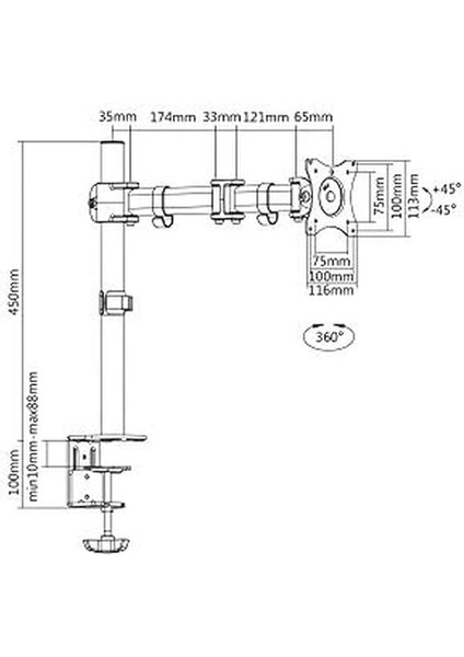 Monitör Tutucu - Masa Kelepçesi - 1 Monitör - 27 Inçe Kadar - 1x 8 Kg'a Kadar - Vesa 75X75, 100X100 - Siyah fırsatları