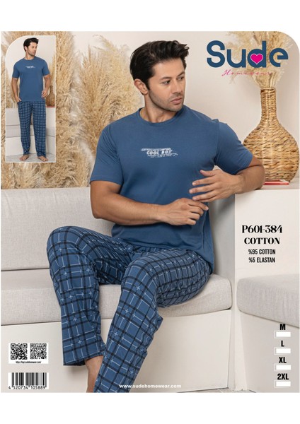 P-601-384 Erkek Penye Sup.kısa Kol Pijama Takımı-Mavi--