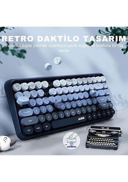 Kablosuz Bluetooth Retro Sessiz Klavye – Yuvarlak Tuşlu, Kedi Süs Aksesuarı, 84 Tuşlu, Taşınabilir, Akıllı Uyku Modu, Ergonomik Tasarım, Tablet Telefon Uyumlu, Ajazz AJ308I Mavi fiyatları