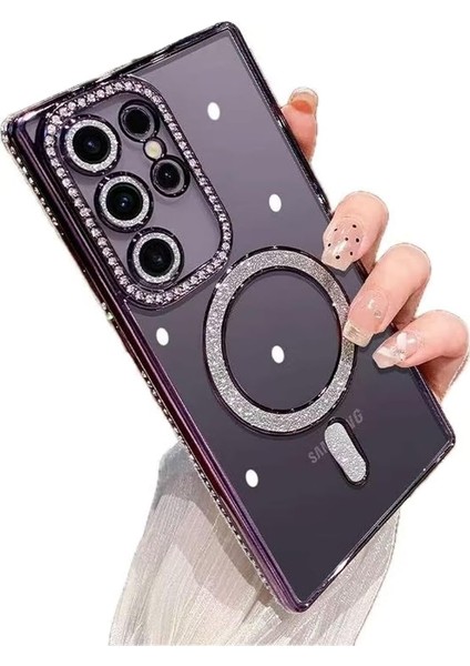 Samsung Galaxy S24 Ultra Uyumlu Kılıf Simli Magsafe Şarj Destekli Kamera Lens Koruma Parıltılı Kapak