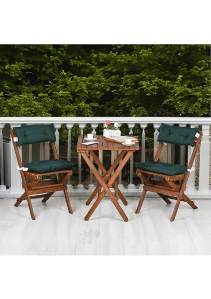 Ahşap 3'lü Bistro Set, Katlanır Minderli Masa Sandalye Takımı, Balkon Bahçe Mobilyası, Ceviz-Yeşil