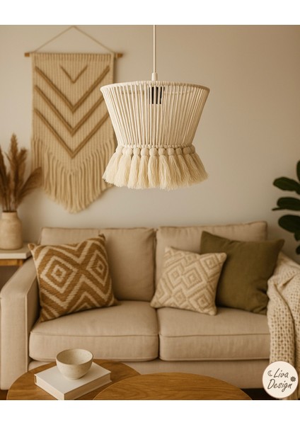 El Yapımı Krem Pamuk Makrome Bohem Püsküllü Avize / Salon, Yatak Odası ,oturma Odası, Ofis, Balkon