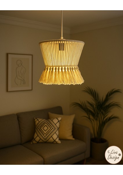 El Yapımı Krem Pamuk Makrome Bohem Püsküllü Avize / Salon, Yatak Odası ,oturma Odası, Ofis, Balkon modelleri