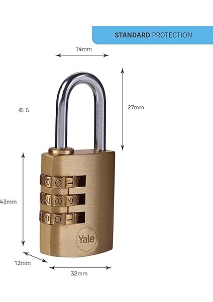 Y150B/30/125/1 Şifreli Pirinç Asma Kilit, Standart Koruma, Çelik Halka, 3 Haneli Şifre, Sarı modelleri