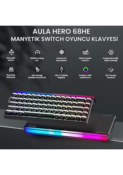 Hero 68 He Manyetik Klavye Rapid Trigger Jade King Switch 8000Hz Rgb Neon Tkl Hot Swap Oyuncu Klavyesi Siyah fiyatları