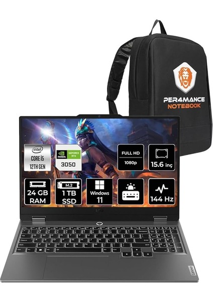 Loq I5 12450HX 24GB 1tb SSD RTX3050/6GB 95W 144Hz Fhd 15.6" W11H Gaming Laptop & Per4 Çanta