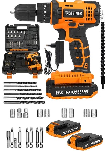 Alman 58 V 5 Ah Darbeli Çift Akülü Metal Dişli Şanzuman Şarjlı Vidalam Matkap + 27 Parça Set - ST0518R215400214