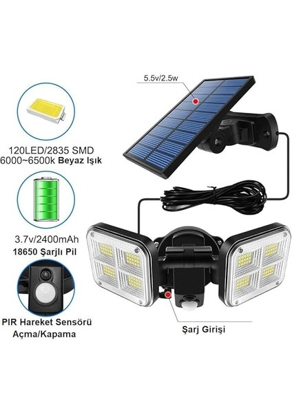Güneş Enerjili 120 LED Şarjlı Hareket Sensörlü 500 Lümen Solar Aydınlatma Lamba modelleri