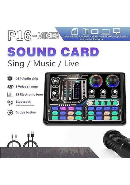 Ses Kartı Youtube Kick Podcast ve Yayıncı, Ses Kartı, Dj Mikser, Taşınabilir Podcast Prodüksiyon Stüdyosu, Canlı Yayın, Kayıt, Oyun Için Kondenser Ses Kartlı Mikrofon Mikseri P16 fiyatları