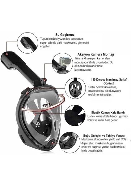 Yüz Dalış Maskesi Buğu Önleyici Şnorkel Fullface Yüzücü Maskesi Siyah fırsatları