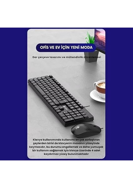 Sessiz Yumuşak Tuşlu Ofis Bilgisayar Laptop Kablolu Klavye ve Mouse Seti 104 Tuşlu Q Klavye modelleri