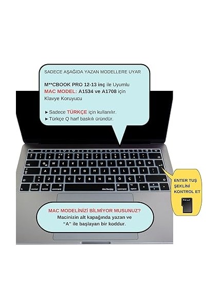 MacBook Klavye Koruyucu Türkçe Q Baskılı Uk-Ters L- Enter Tipi Pro 13INÇ A1708, MacBook A1534 12INÇ Uyumlu, Ultra Ince Hafif Yıkanabilir Klavye Filmi Siyah fiyatları