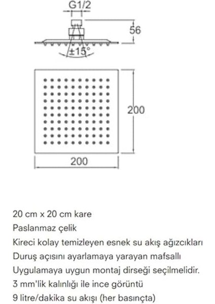 20X20 cm Paslanmaz Çelik Kare Ultra Ince Tepe Duş Başlığı indirimleri