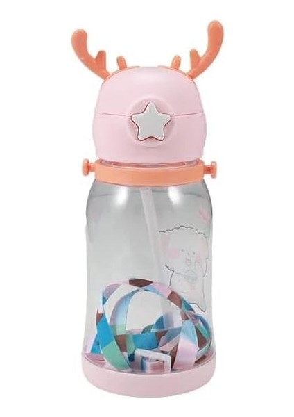 Home Geyik Boynuzlu Pipetli Su Matarası, 600 ml Su Şişesi, Çocuklar Için Eğlenceli ve Güvenli Içme Deneyimi, Bpa Içermeyen, Dayanıklı ve Renkli Suluk (Pembe)