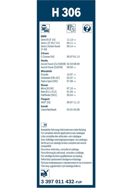 Rear Arka Silecek Honda Cr-V (2019-2022), Nissan Micra (2011-2018), Bmw F20-F21 (2012-2019), Toyota Auris (2007-2012), Seres 3 Ev (2020 ve Sonrası) [300 Mm] H306 3397011432 modelleri