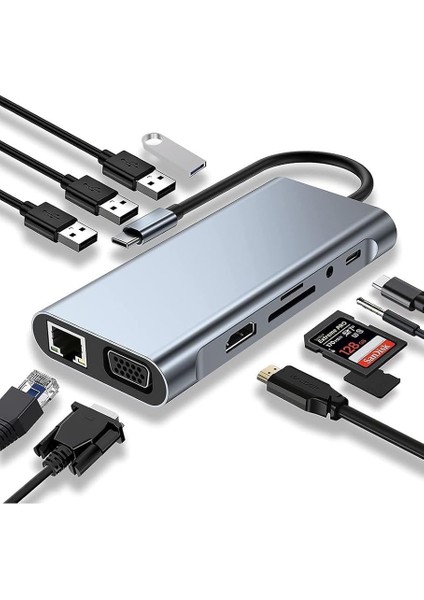 Macbook Pro Air Type C Hub Pd Şarj HDMI Sd Network VGA Girişli 11 In 1 Çevirici Dönüştürücü Çoklayıcı