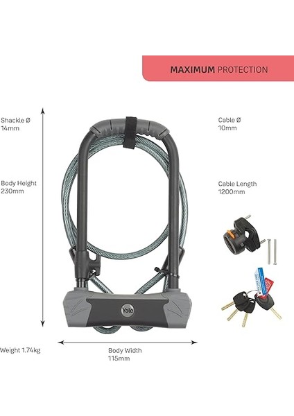 YUL3C/14/230/1 Maksimum Güvenlikli Kablolu U Bisiklet Kilidi fırsatları
