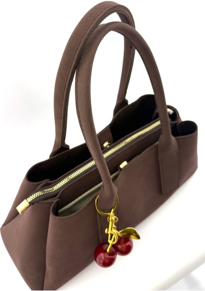 Kadın Kiraz Charm Detaylı Süet El ve Omuz Çantası