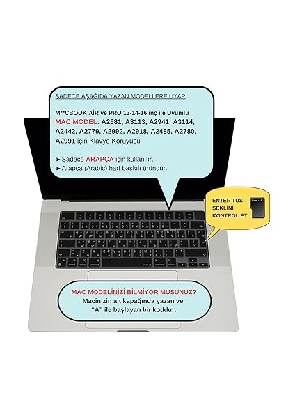 MacBook Klavye Koruyucu Arapça Baskılı Uk-Ters L Enter Tipi Air 13,6-15,3inç- Pro 14,2-16,2inç M1-M2-M3-M4 Pro Max Uyumlu, Silikon Klavye Filmi, Ultra Ince Hafif Yıkanabilir Siyah fiyatları