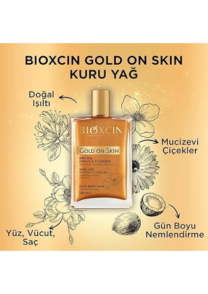 Gold On Skin Kuru Yağ – Yasemin, Manolya, Hanımeli, Kalendula ve Hindistan Cevizi Yağları Içeren Işıltı Veren Nemlendirici – 100 ml – Tüm Cilt Tipleri Için fiyatları