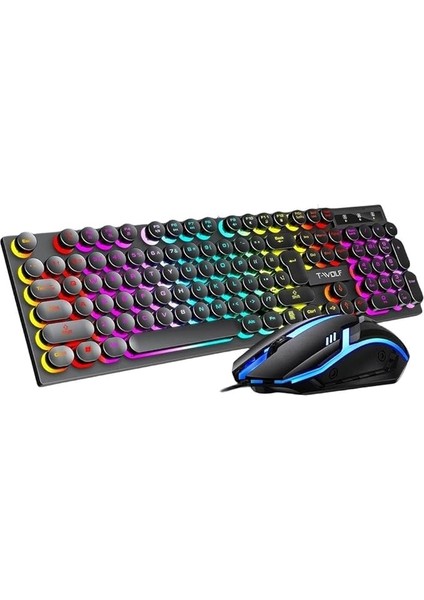 T-Wolf TF270 Rainbow Rgb Mekanik Hisli Gaming Klavye Mouse Seti Punk Keycap Ingilizce