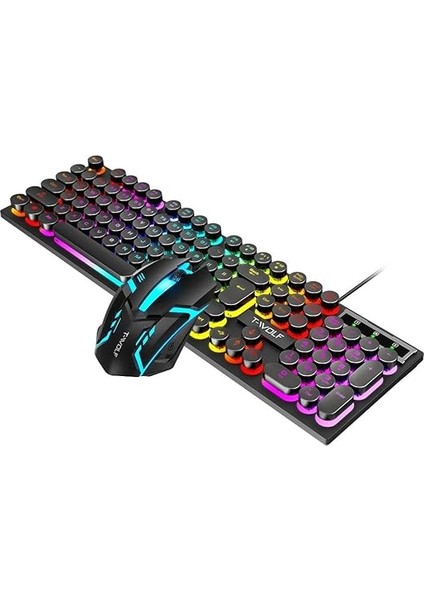 T-Wolf TF270 Rainbow Rgb Mekanik Hisli Gaming Klavye Mouse Seti Punk Keycap Ingilizce modelleri