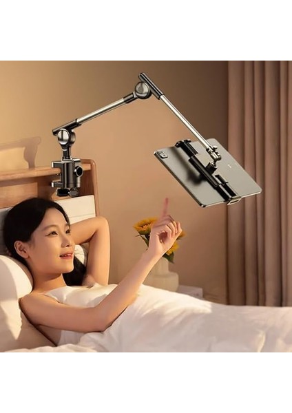 Profesyonel 12.9 Inçe Kadar Uyumlu Tablet Tutucu Yüksekliği Ayarlanabilir Kol ve Kendinden Açısı Ayarlanabilir 2 Eklemli 360 Derece Dual Turbo Auto Lock Siyah Renk ZM-050 (ZM-050)