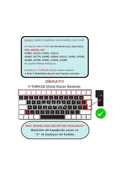 MacBook Klavye Koruyucu Türkçe F-Daktilo Eski-F-Düzeni Baskılı Uk-Ters L Enter Tipi Air 13,6-15,3inç- Pro 14,2-16,2inç M1-M2-M3-M4 Pro Max Uyumlu, Ultra Ince Silikon Klavye Filmi Siyah fiyatları