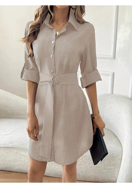 Kadın Uzun Kollu Yakalı Önden Düğmeli Beli Kuşaklı Mini Ithal Keten Elbise