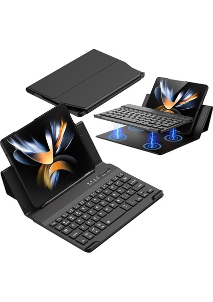 Galaxy Z Fold 5/6/7 ile Uyumlu Standlı Bluetooth Klavyeli ve Keyboard Kapak, Siyah