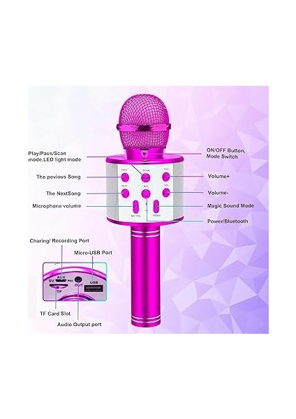 Çocuklar Için Karaoke Mikrofon Bluetoothlu Mikrofon Speaker Yetişkin Için Karaoke Aux USB Sd Kart Girişli Mic (Pembe) fırsatları