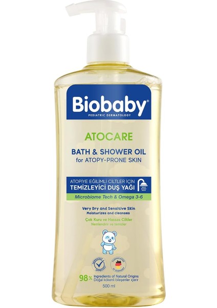 Atocare Duş Yağı 500 ml – Atopiye Eğilimli Bebek Ciltleri Için, Seramid Kompleksli, Omega 3-6, Yulaf Ekstresi ve Prebiyotik Içerikli Temizleyici Yağ