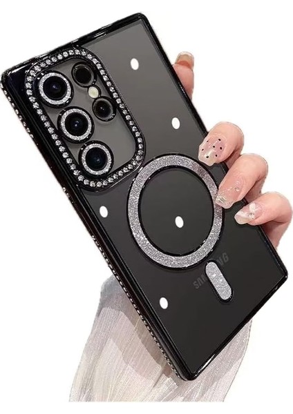 Samsung Galaxy S23 Ultra Uyumlu Kılıf Simli Magsafe Şarj Destekli Kamera Lens Koruma Parıltılı Kapak