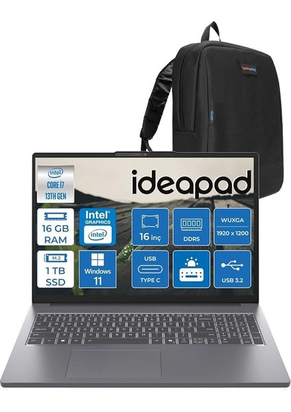 Ideapad Slim 3 16IRH10 Intel Core I7 13620H 16GB 1tb SSD Windows 11 Home 16" Wuxga (1920X1200) IPS 300NITS Taşınabilir Bilgisayar 83K2001VTRH02 + Zetta Çanta