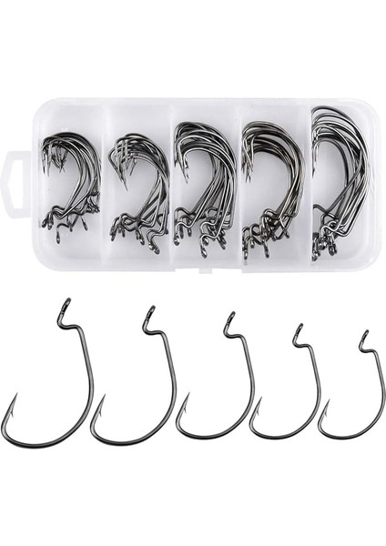 50 Adet Paslanmaz Karbon Çelik Silikon Solucan Yem Balık Olta Iğne Seti - Texas Rig - Kutulu Krom