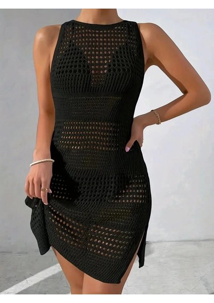 Kadın Askılı Derin Sırt Dekolteli Ajurlu Triko Pareo