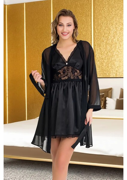 Lady Siyah Saten Gecelik Sabahlık Takım