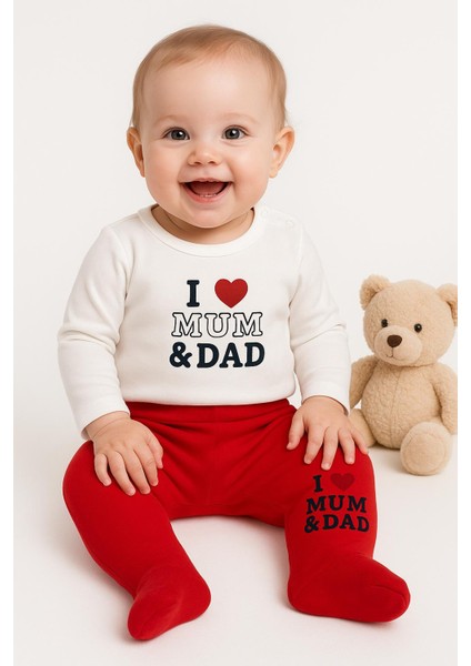 aki moda kids kız erkek bebeb yenidoğan unısex I MUM DAD baskılıbody zıbın patikti pantolon takım set