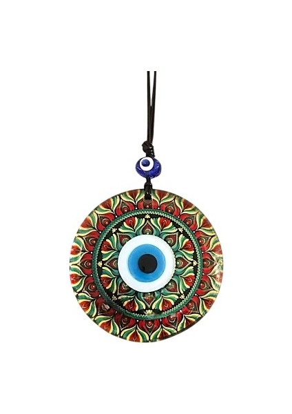 Kırmızı Çiçek Desenli ve Nazar Boncuklu El Yapımı Füzyon Cam Duvar Süsü