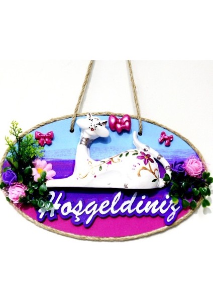 Kedi Figürlü Hoşgeldiniz Yazılı El Boyaması Renkli Kapı Süsü