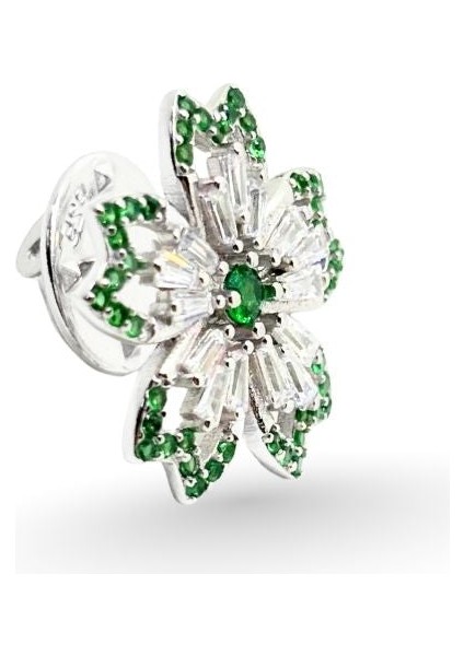 Yeşil Zirkon Taşlı Gümüş Çiçek Rozet Broş 1.8x1.8cm [TLCKCKYL09]