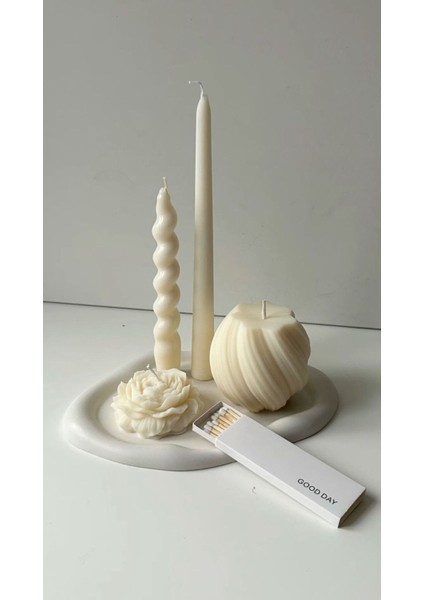 Candle Kokusuz Şakayik Gül 7cm-Burgu Desenli 10*10-Şamdanlık Dekoratif Mum 22*2 Kırık Beyaz